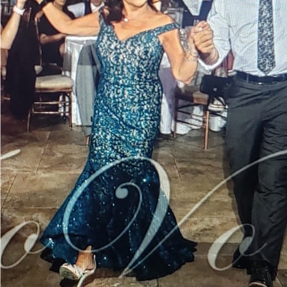 Jovani Teal Sequin Off-Shoulder Mermaid Gown